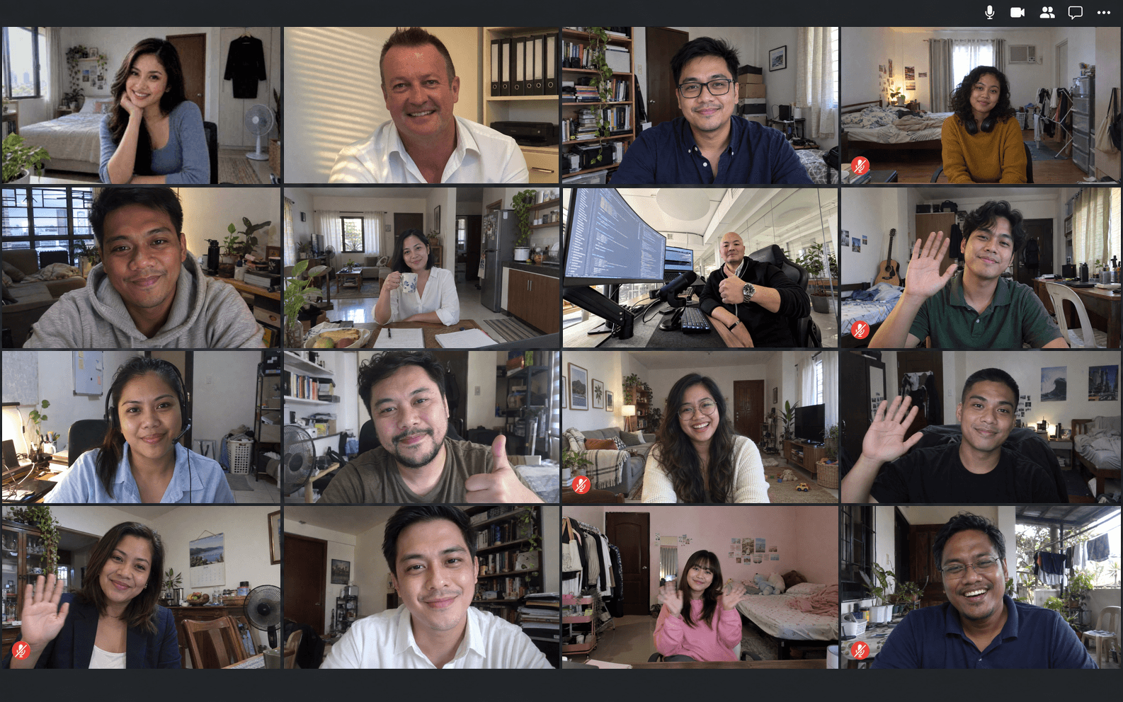 Illustrative Google Meet gallery with sixteen colleagues signing off from home offices and Staff Connect Australia HQ