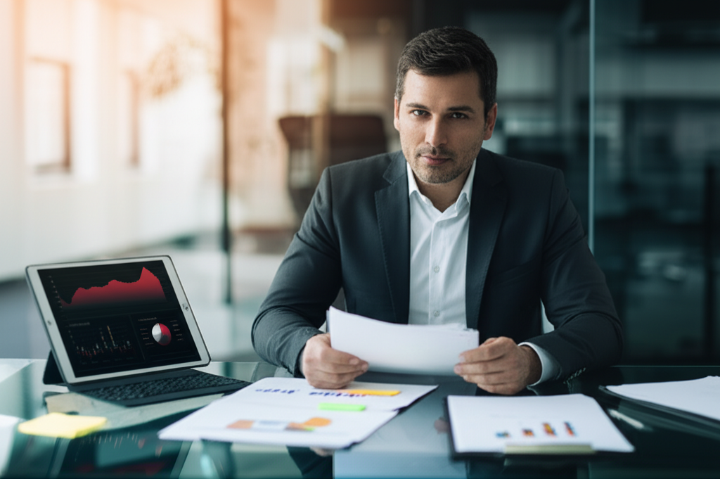 Consultant reviewing compliance and performance documents