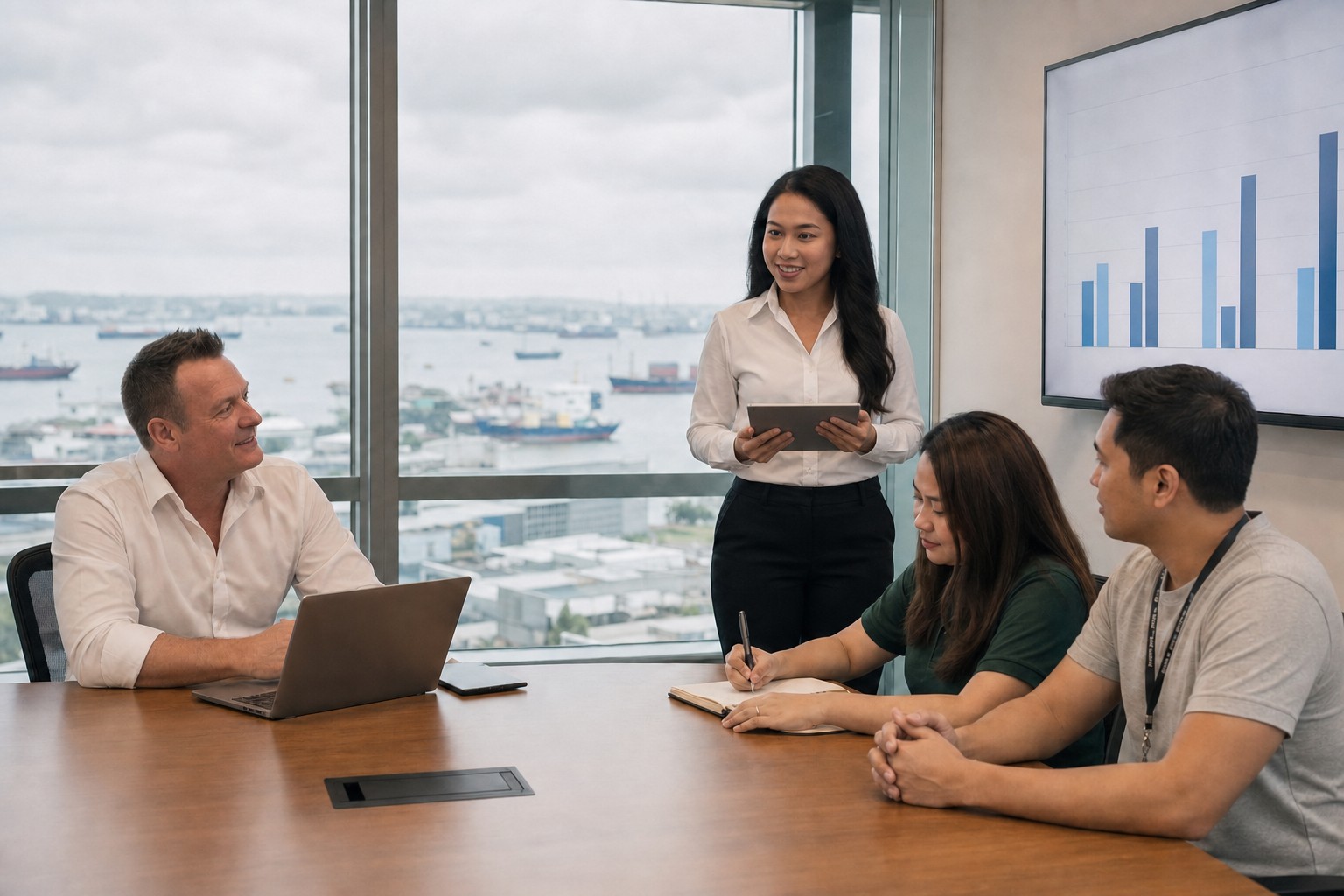 Staff Connect team reviewing case study results in a meeting room