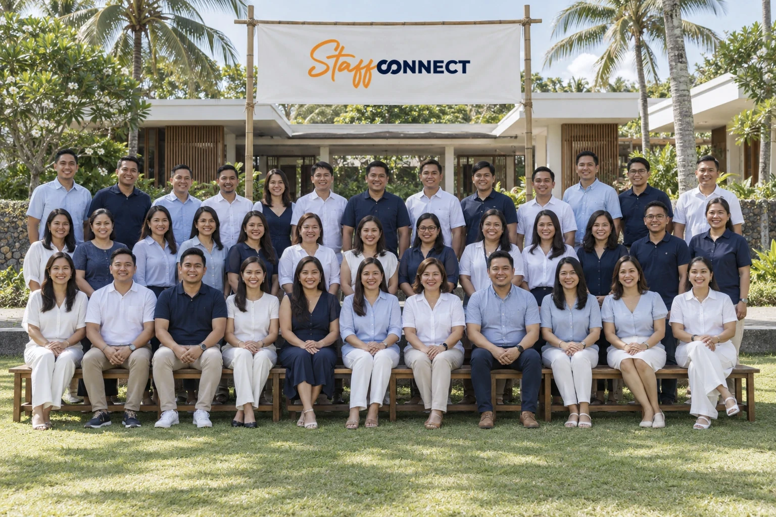 Staff Connect team group portrait beneath a Staff Connect banner on a resort lawn