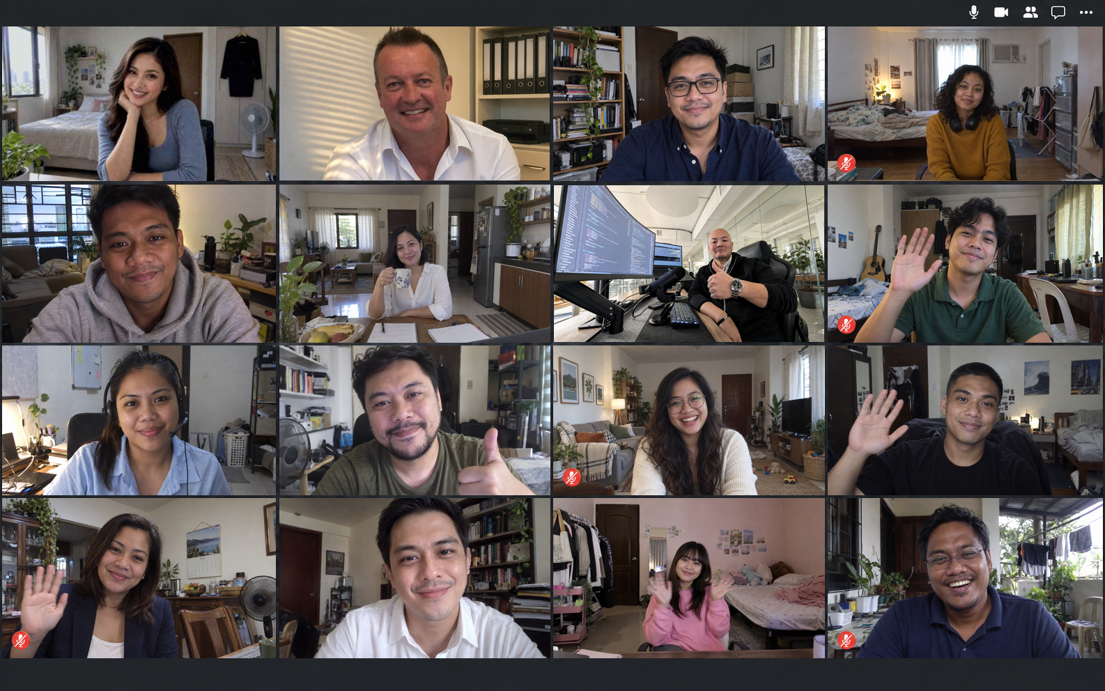 Illustrative Google Meet gallery with sixteen colleagues signing off from home offices and Staff Connect Australia HQ